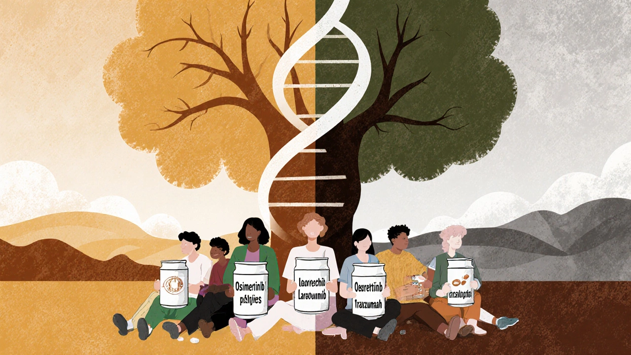 Diverse patients under a DNA-shaped tree, holding targeted therapy pills, with contrasting vibrant and faded backgrounds.
