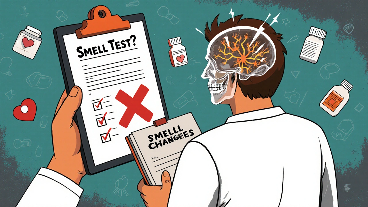 Doctor ignoring patient&#039;s smell journal, while malfunctioning neurons inside a transparent skull glow erratically.