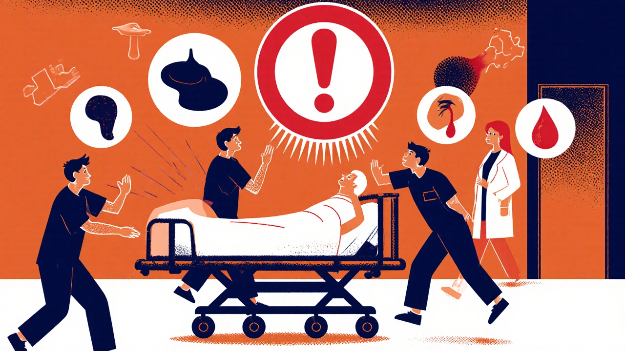 Elderly patient rushed in emergency room with floating symbols of bleeding symptoms around them.