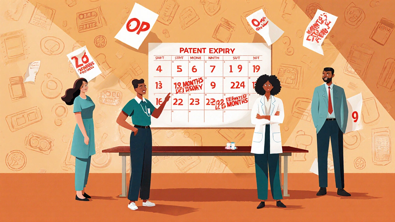 Healthcare team plans for patent expiry using a calendar marked with key deadlines in a hospital meeting room.