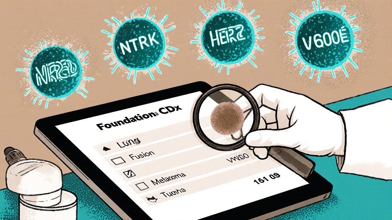 Lab scene with biopsy and floating cancer cell types marked by unique genetic symbols, no text.