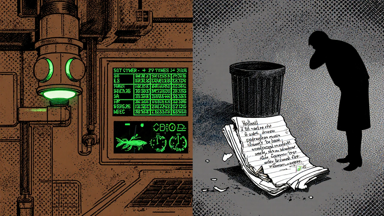 Modern digital monitoring system contrasts with discarded paper logs in a seafood processing plant preparing for U.S. inspections.