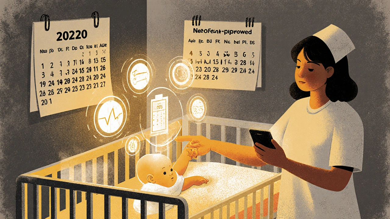 Nurse using device to project personalized drug model above preterm baby, calendar showing medical progress.
