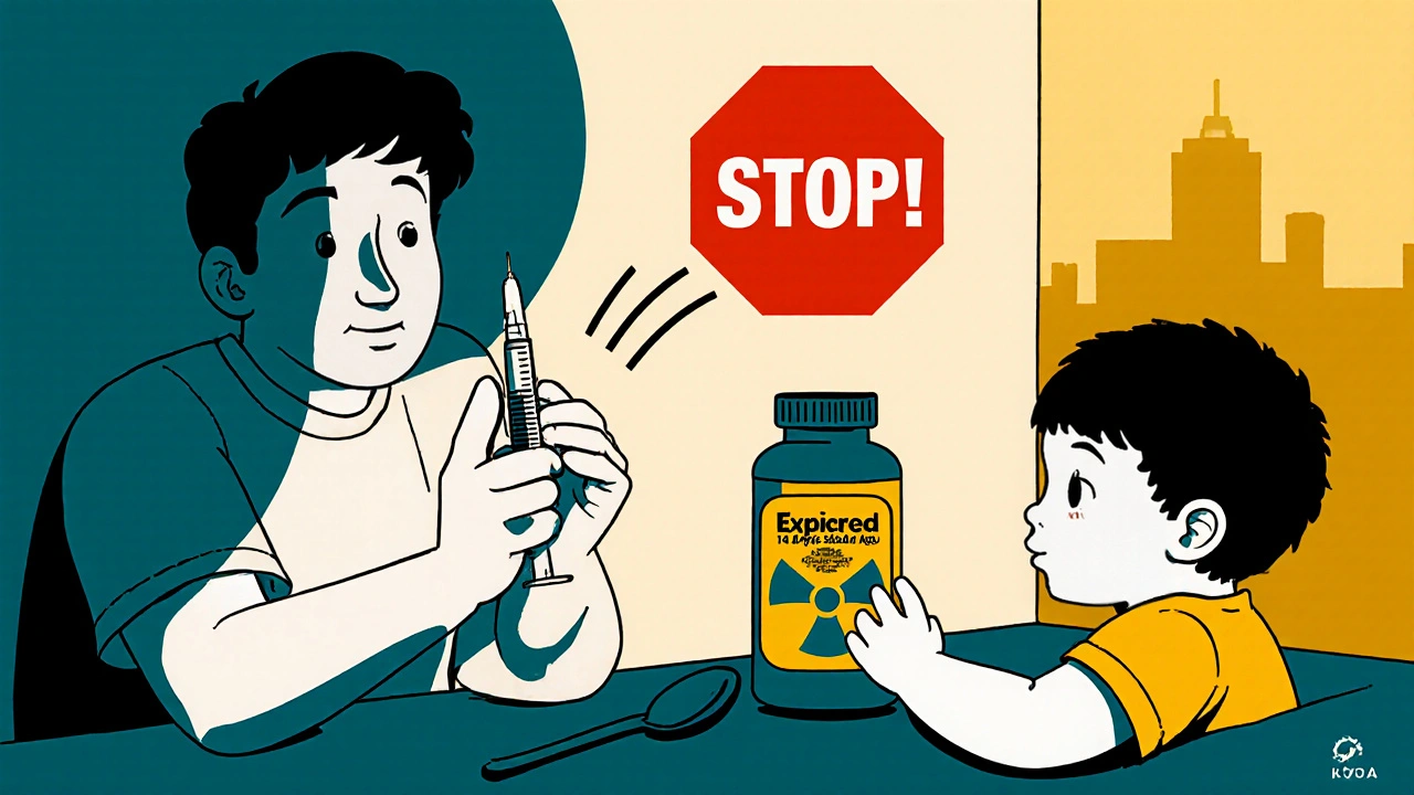 Parent administering medicine with a syringe, red STOP sign over kitchen spoon and expired bottle, child calm but alert.