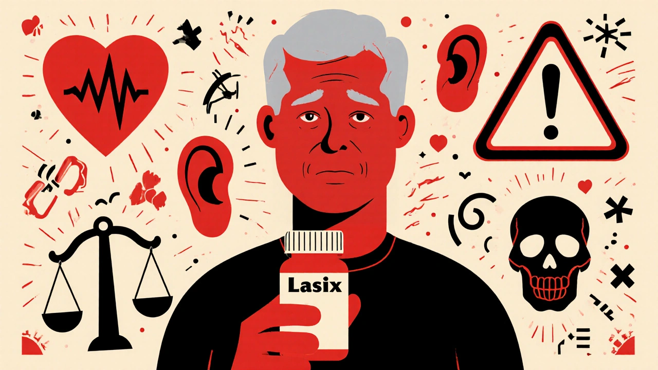 Person holding Lasix bottle surrounded by warning symbols of side effects.