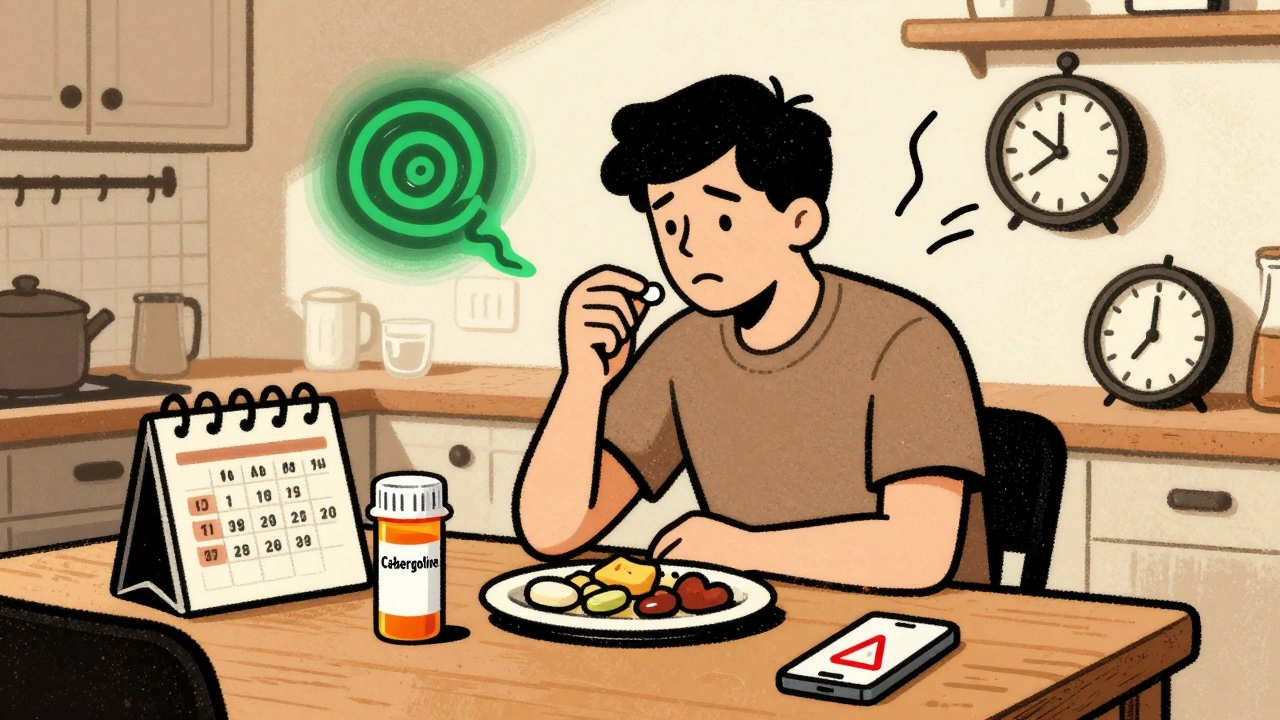 Person taking Dostinex with food as shadowy side effects hover nearby.