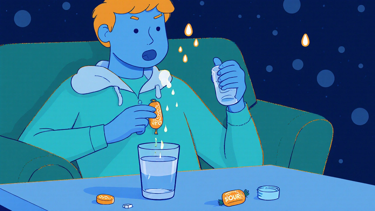 Person using sour candy to relieve dry mouth with glowing saliva droplets.