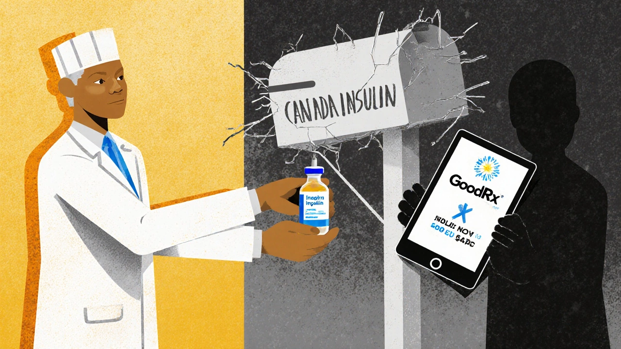 Pharmacist giving safe medication with discount info, while a shadowy figure mails pills through a broken mailbox.