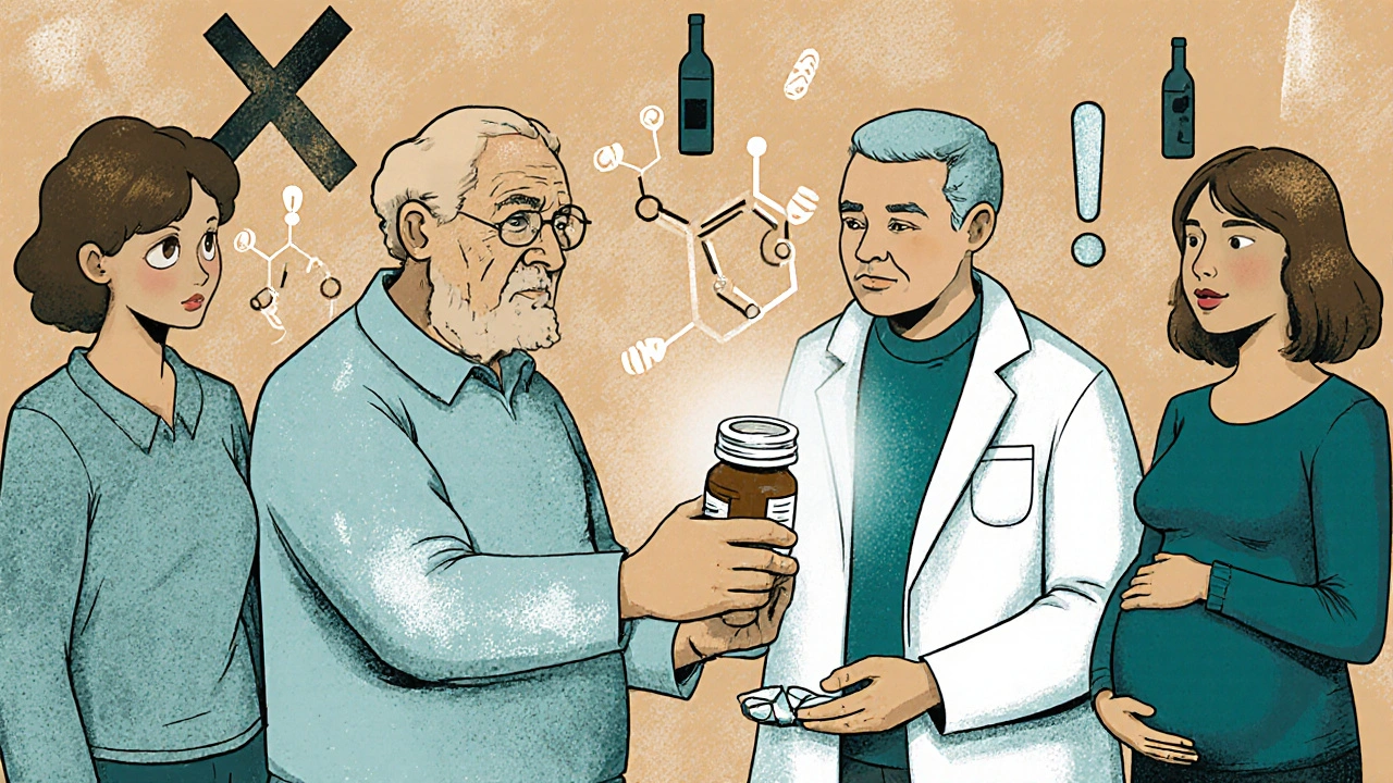 Pharmacist handing pill bottle to elderly patient as others observe with chemical icons