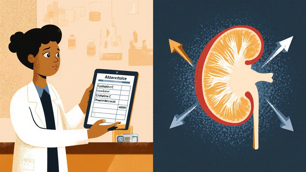Pharmacist reviewing kidney test values with glowing kidney icon showing proper drug clearance