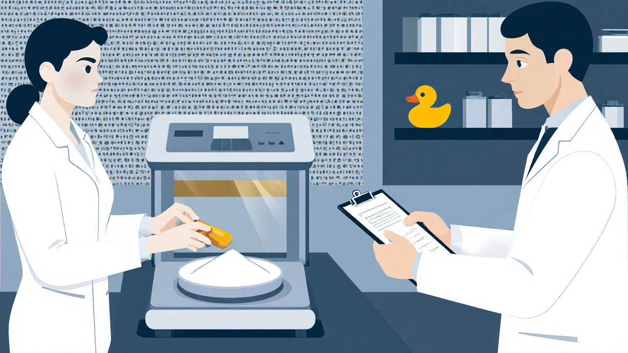 Pharmacist using a precise scale to weigh medication in a sterile lab, second pharmacist verifying dose, child&#039;s toy visible on shelf.