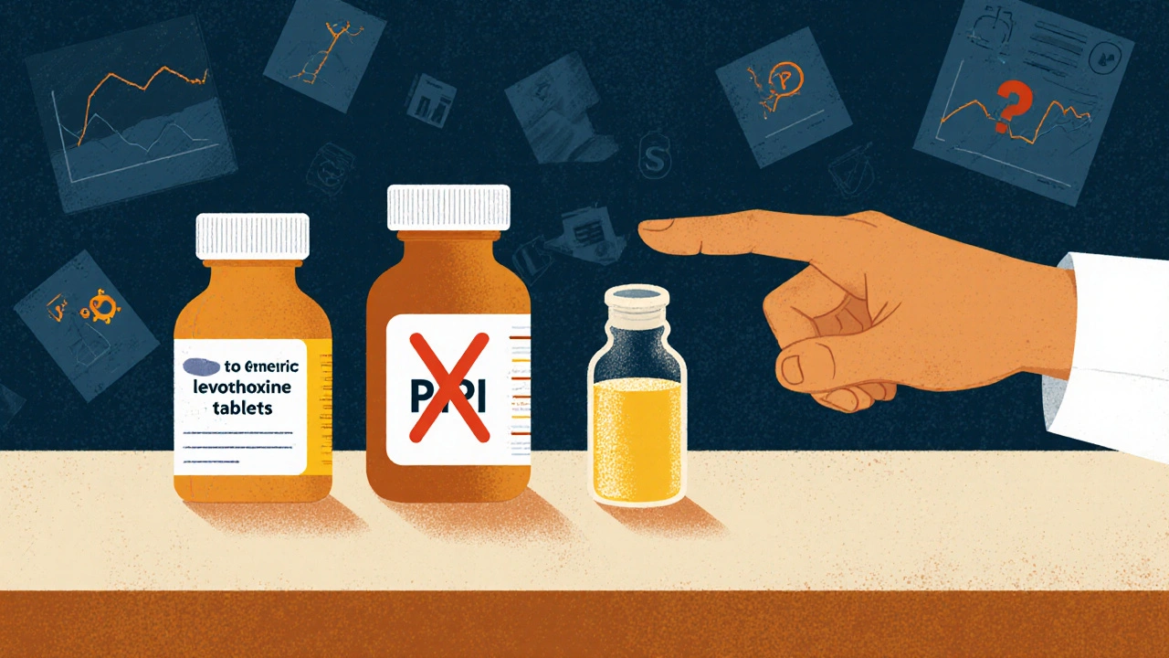Pharmacy counter with levothyroxine options: tablets, PPI with X, and glowing liquid form.