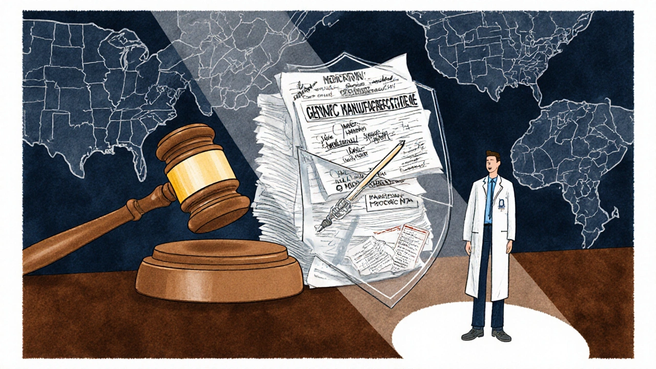 Physician in courtroom with detailed medical notes vs. vague ones, shield blocks lawsuit, spotlight on doctor.