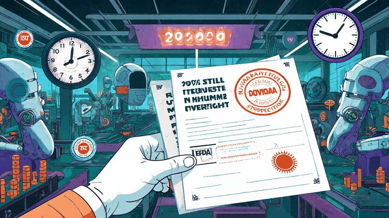 Robots analyze data in a factory while a human hand stamps final approval, surrounded by global regulatory seals and a clock ticking to 2030.