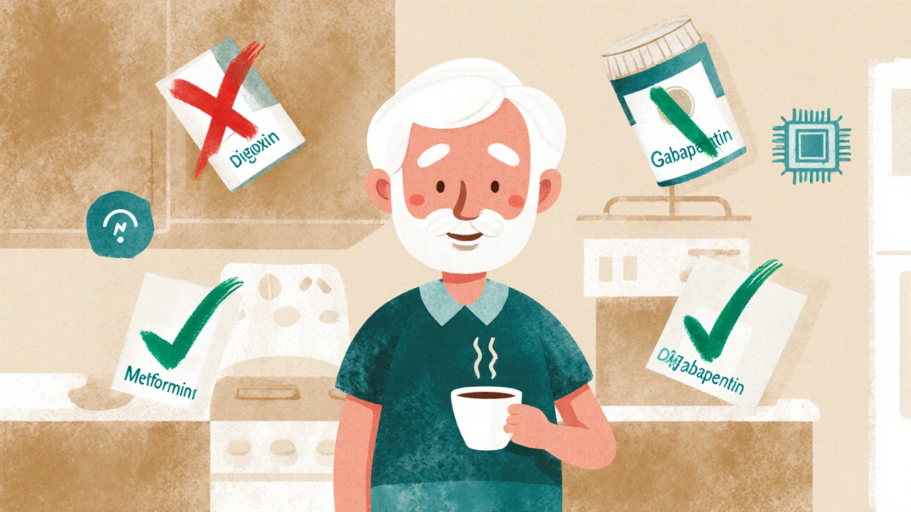 Senior in kitchen with medications marked safe or unsafe, AI chip glowing in corner