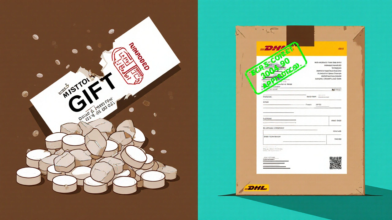 Side-by-side: chaotic illegal pill package vs. clean DHL shipment with proper documentation and approval stamp.