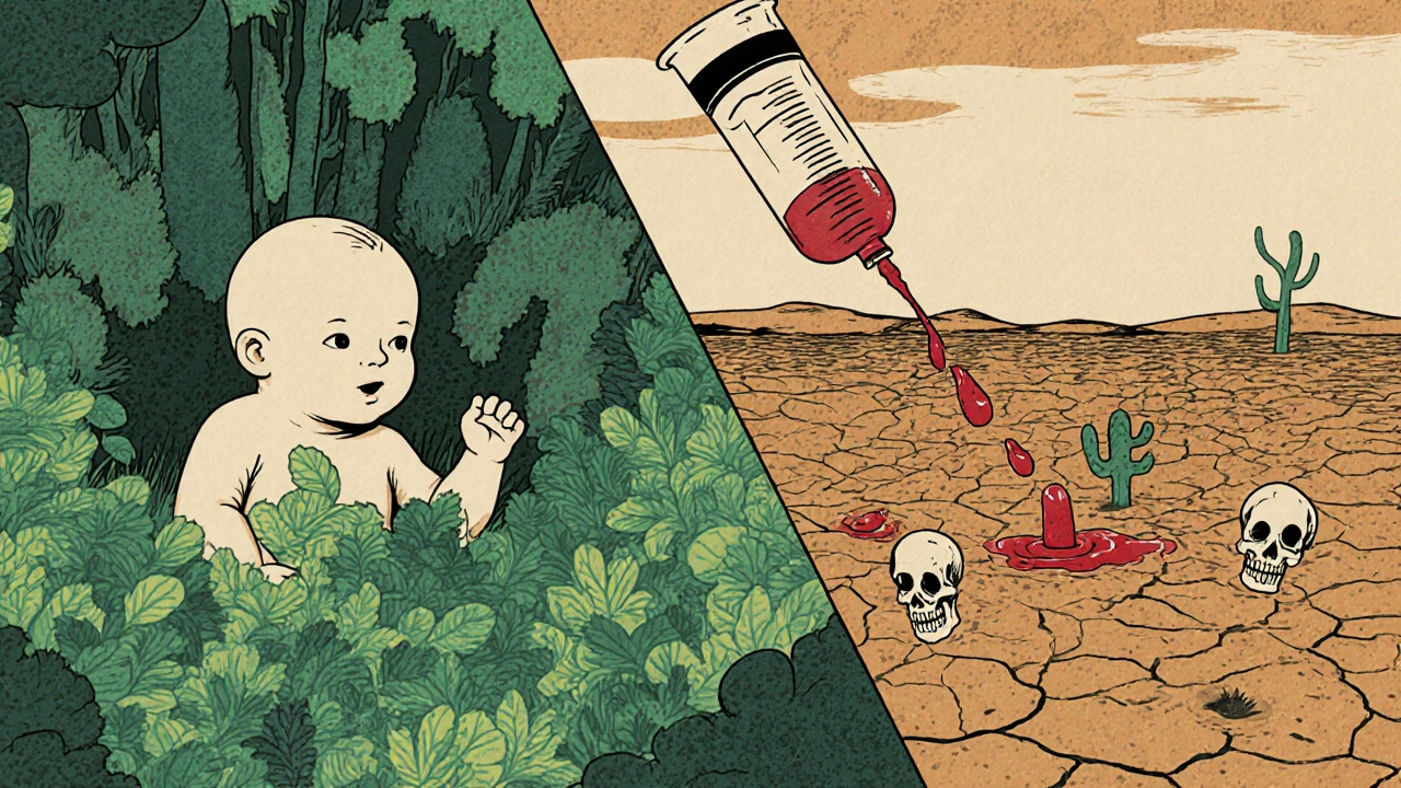 Split image: healthy gut forest vs. antibiotic-damaged desert, syringe dripping into barren land.