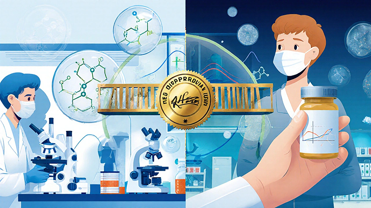 Split scene: lab technicians testing medicine on one side, patient safely using it on the other, connected by a bridge labeled &#039;QP Approval&#039;.