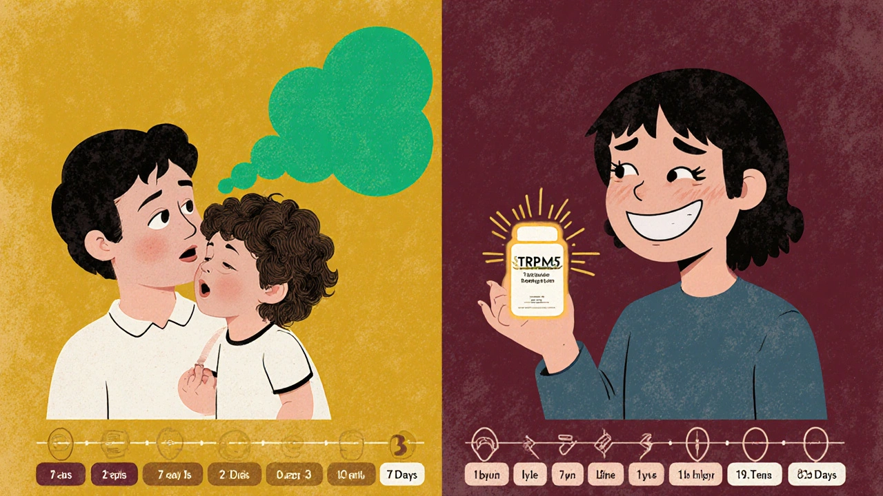 Split scene: person distressed by bad smell from child&#039;s hair vs. hopeful with TRPM5 treatment pill, timeline below.