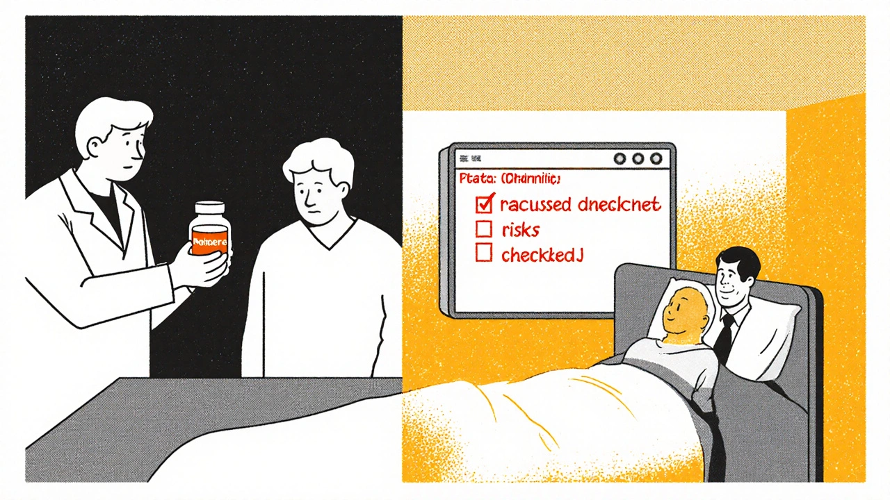 Split scene: pharmacist gives generic drug to patient while same patient is hospitalized, EHR checkbox unchecked.