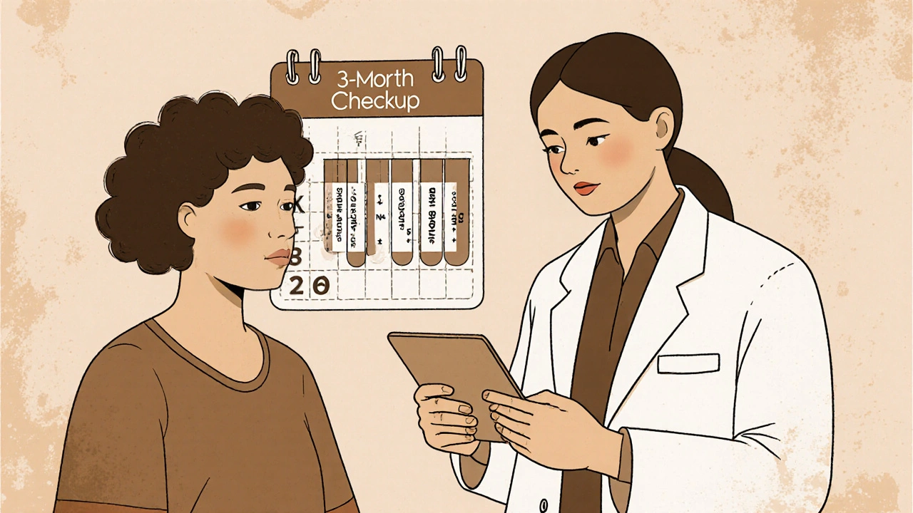 Telehealth consultation with blood test results visible on screen.