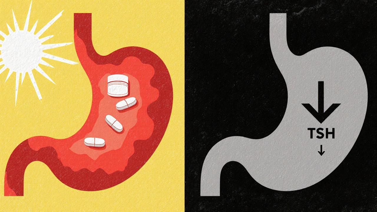 Two timelines showing levothyroxine absorption vs. PPI blocking acid, in bold screenprint art.