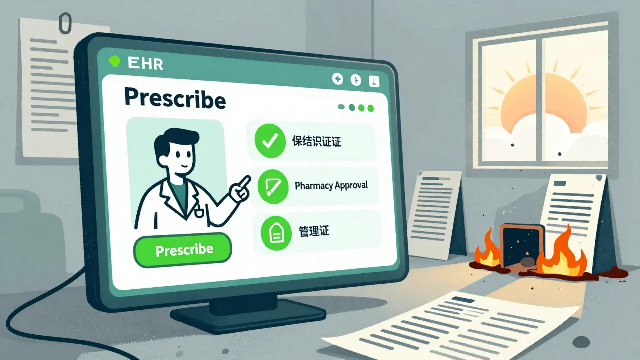 A doctor prescribing smoothly via an integrated EHR system, while outdated REMS paperwork burns away in the background.