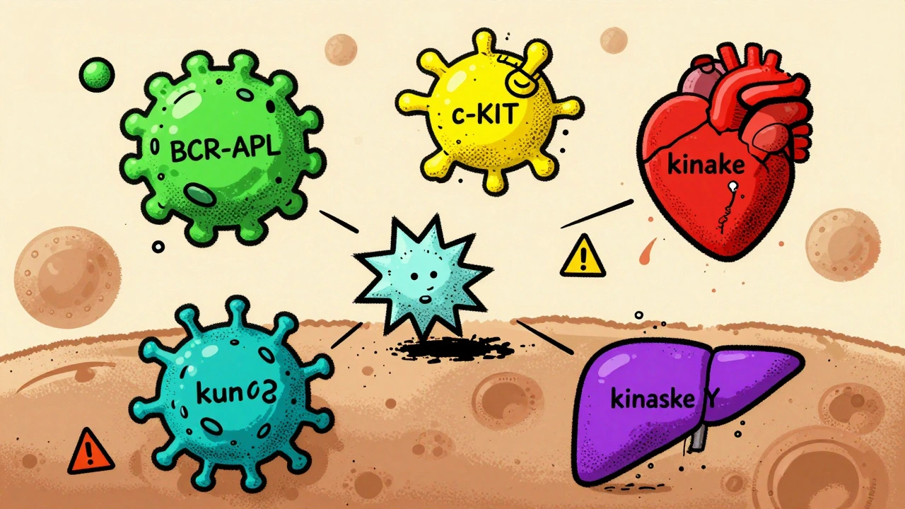 A drug molecule binding to multiple unintended protein targets in a cell, illustrating off-target effects with warning colors.