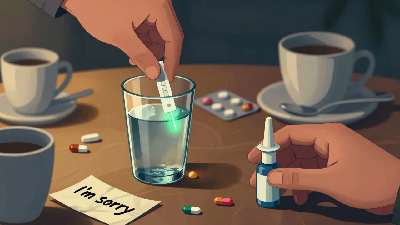 A fentanyl test strip showing a positive result beside a Narcan spray on a cluttered table.