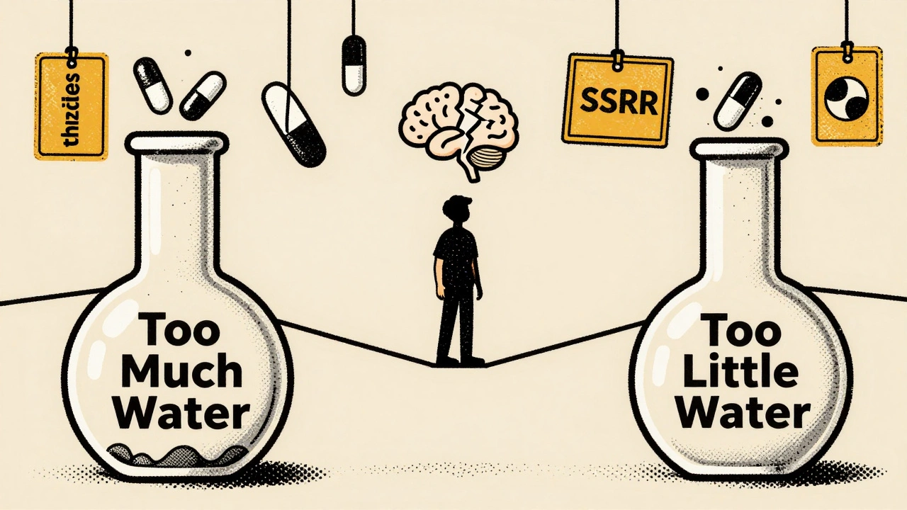 A person on a tightrope between fluid extremes, with brain and medication warnings above.