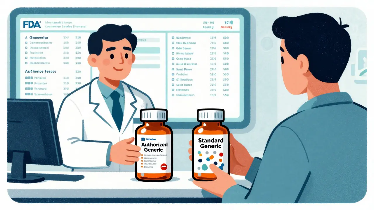 A pharmacist hands two pill bottles: one with matching brand fillers, another with chaotic ingredients, as an FDA database glows in the background.