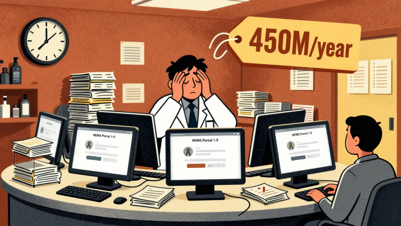 A pharmacist overwhelmed by five REMS portals, a patient waiting, and a '450M/year' cost tag above a chaotic pharmacy counter.