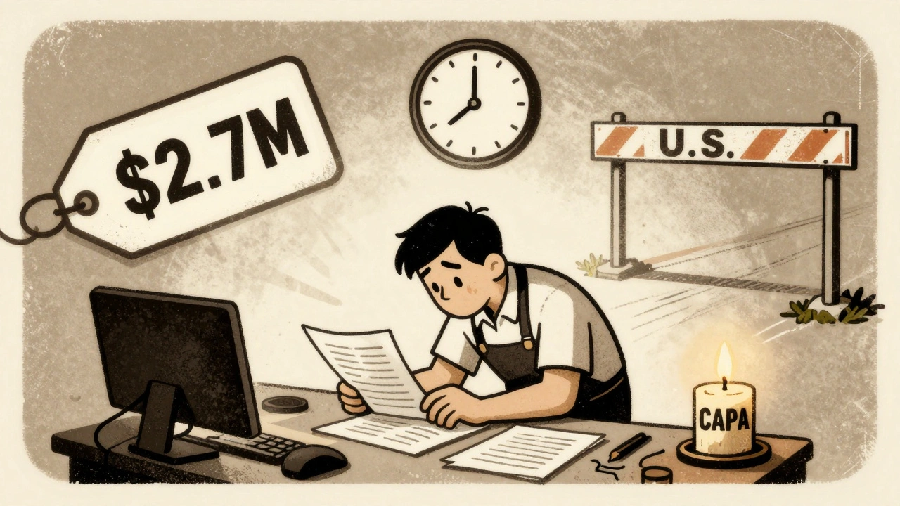 A small factory owner surrounded by symbols of financial loss, time delays, and blocked imports under a single lit candle.