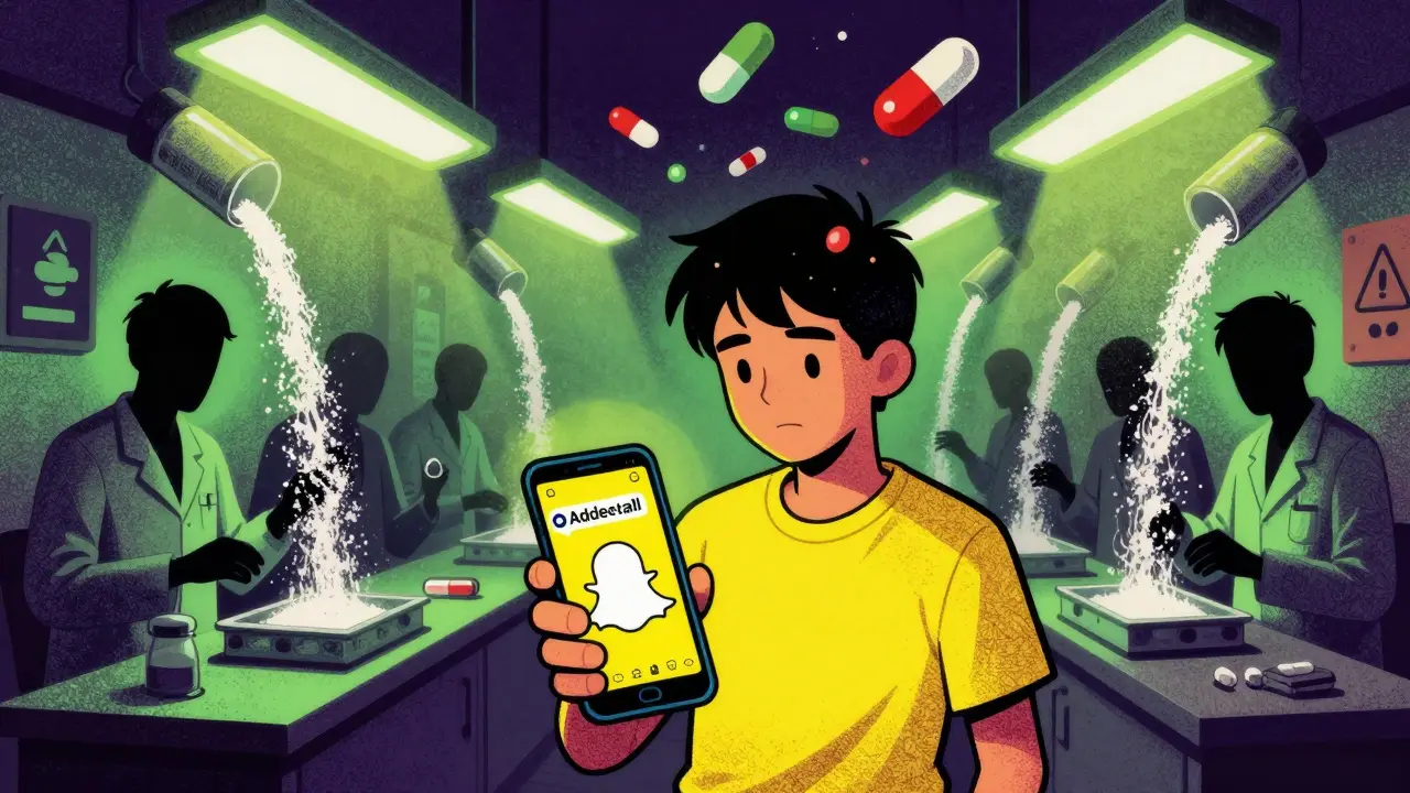 A teen receiving fake pills via social media, with shadowy drug makers in the background.