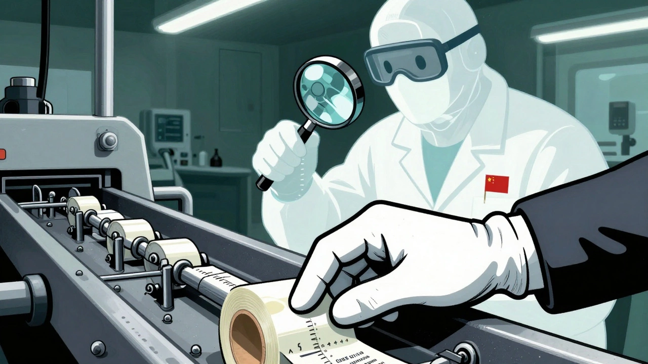 A worker places non-sterile tape in a cleanroom while a ghostly FDA inspector observes with a magnifying glass.