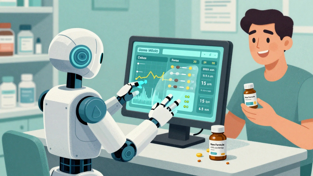 AI pharmacy robot adjusting dosing schedule with colesevelam bottle and gut motility data overlay.