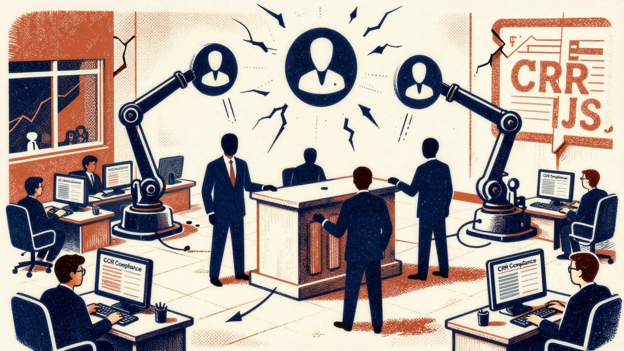 Bank employees replacing risk symbols with agent symbols amid chaotic financial systems.