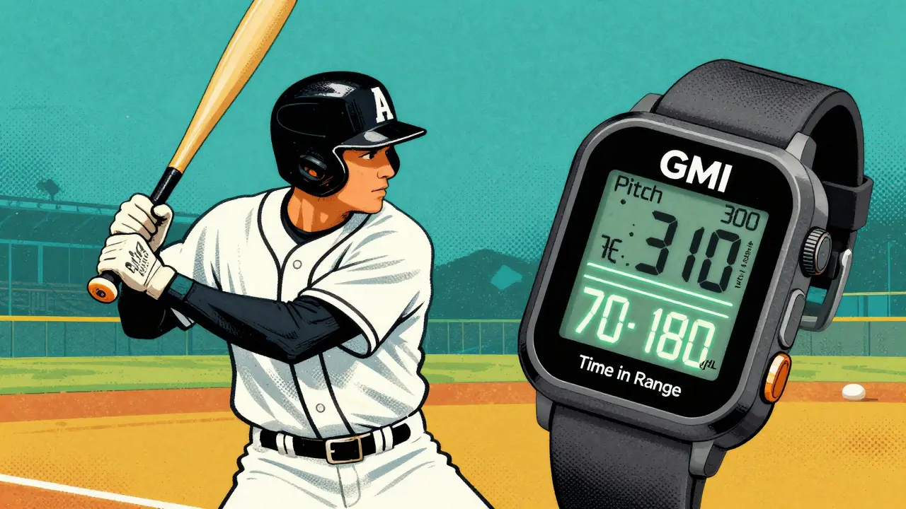 Baseball-themed graphic showing A1C as season average versus GMI as real-time pitch data.