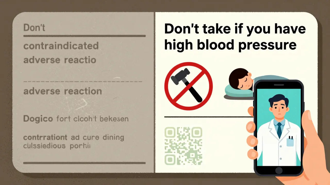 Before-and-after prescription label: cluttered medical jargon vs. clean plain-language design with universal icons.