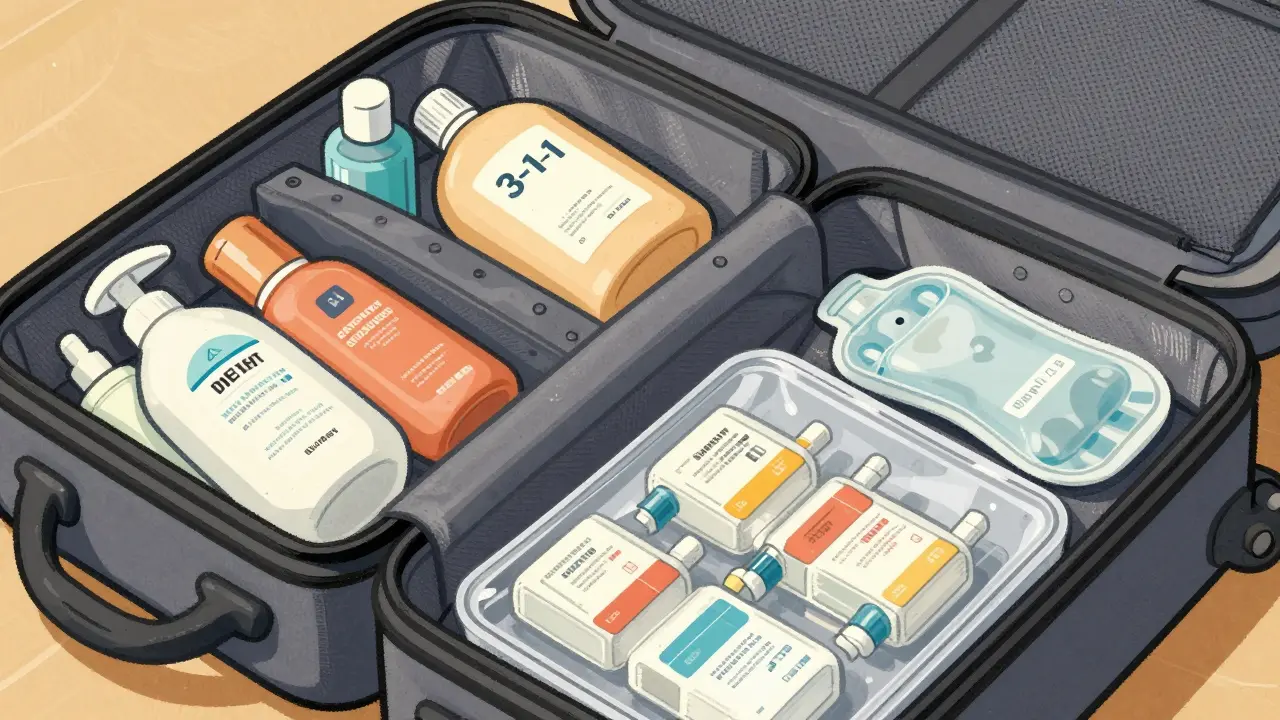 Carry-on bag with separate compartments for toiletries and medical liquids