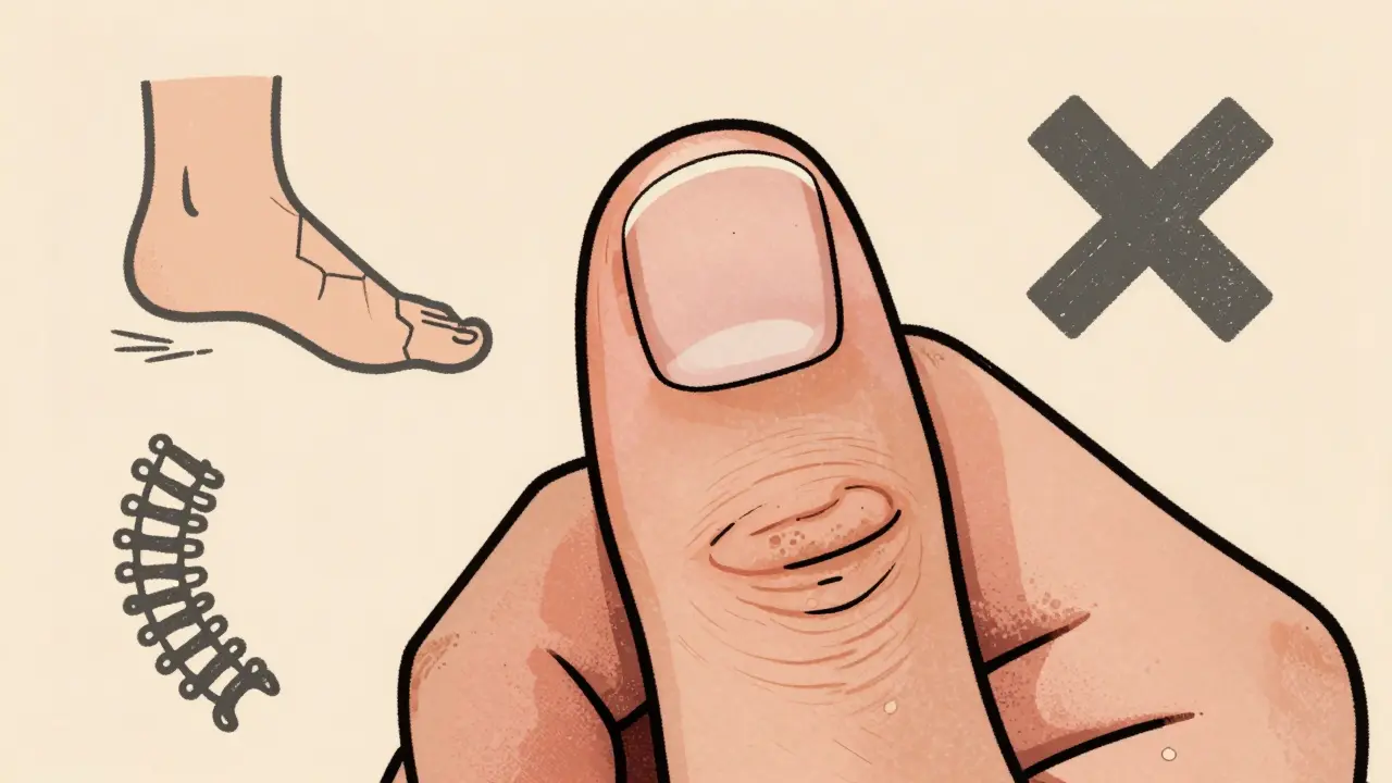 Close-up of pitted nail with icons representing joint pain, spine inflammation, and negative rheumatoid factor.