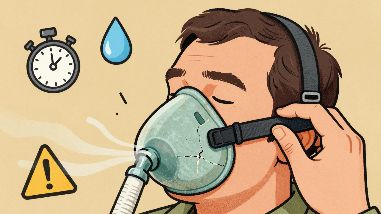 Close-up of worn CPAP mask cushion with replacement icons and airflow adjustment