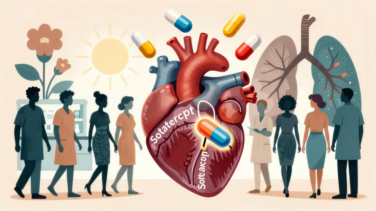 Combination therapy pills reversing lung artery narrowing, with patients walking toward a clinic in screenprint aesthetic.