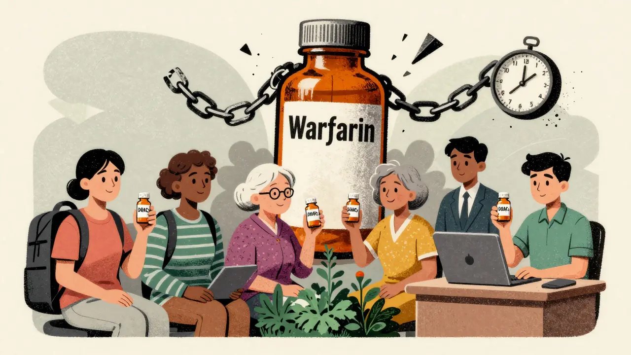 Diverse patients taking DOACs in daily life, while an old Warfarin bottle crumbles in the background.