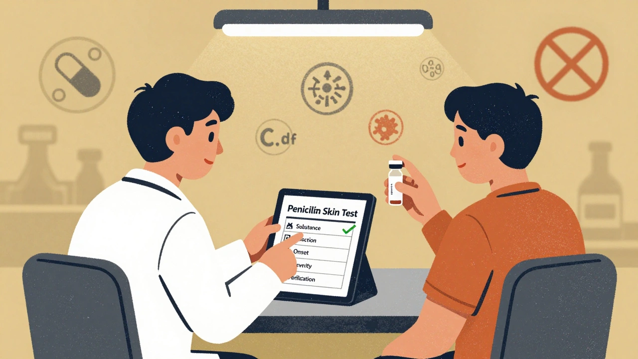 Doctor and patient reviewing a structured allergy entry on a tablet, with a penicillin test vial visible.