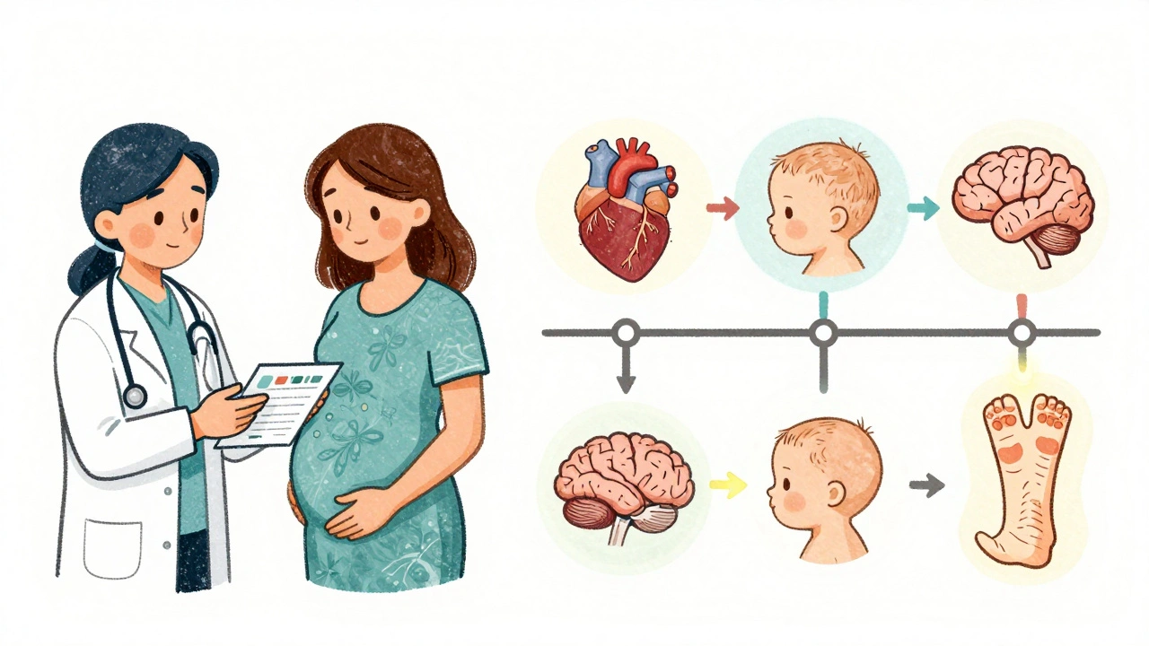 Doctor explaining medication safety to a pregnant woman, with a baby development timeline beside them.