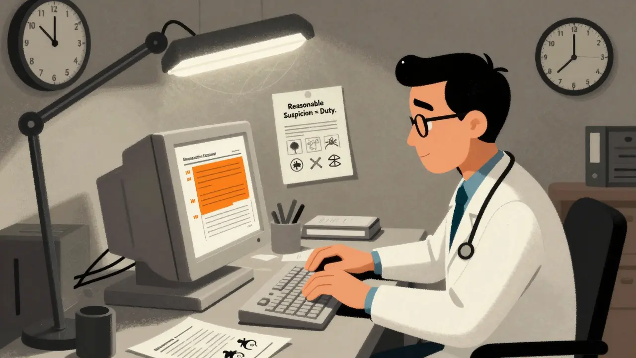 Doctor typing a report at night with icons of abuse and disease scattered on the desk, under a flickering light.