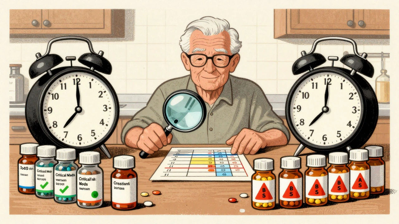 Elderly person at table with pill bottles arranged by timing, color-coded schedule in foreground.