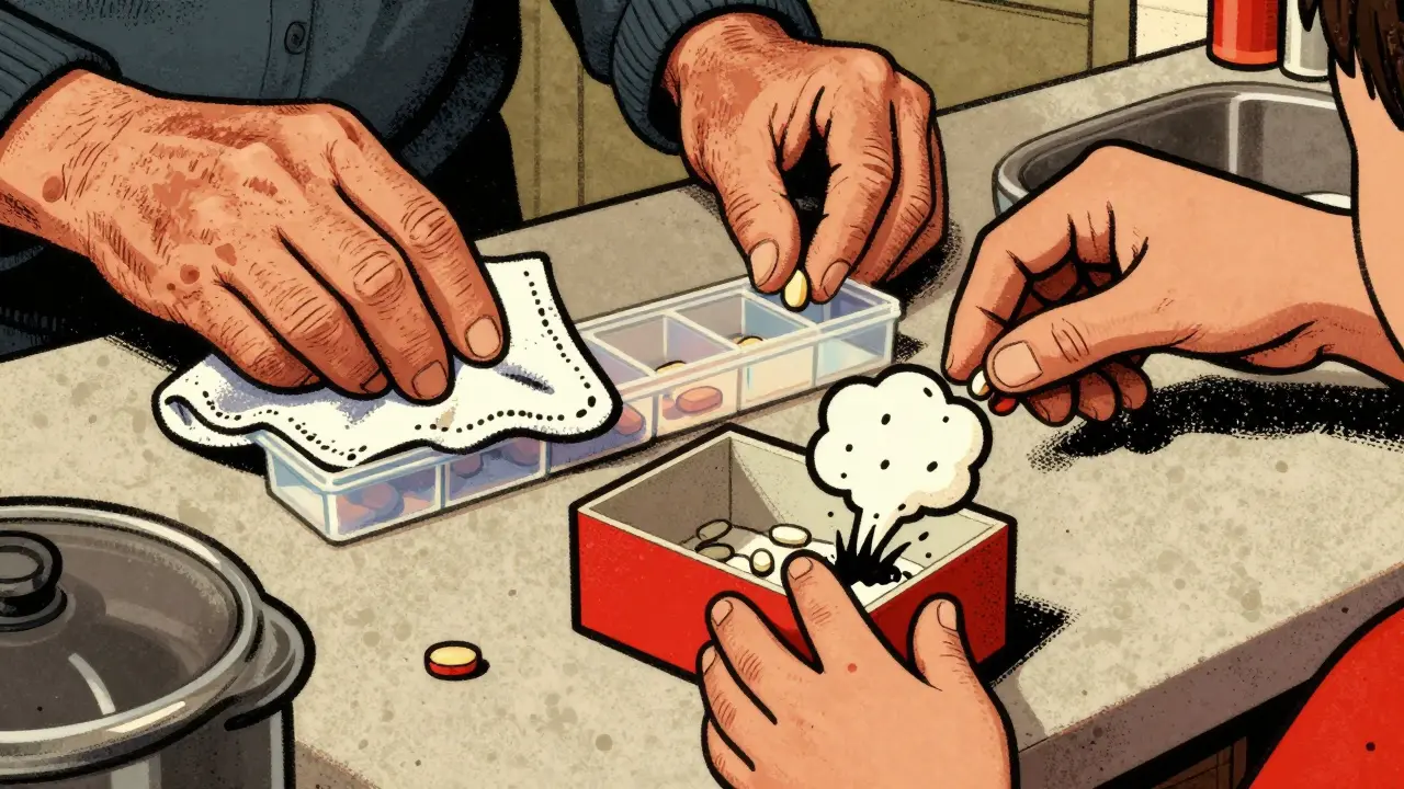 Elderly person cleaning pill organizer while child reaches toward unsecured box with bacteria cloud