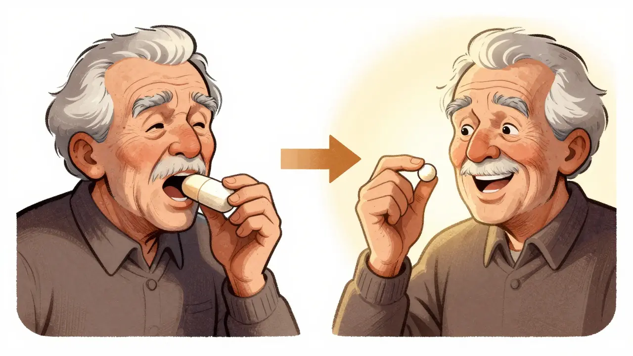 Elderly person switching from large tablet to small dissolvable pill with improved comfort.